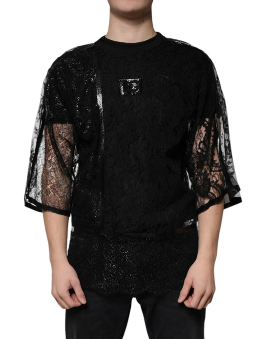 Dolce &amp; Gabbana Black Nylon Floral Lace Crew Neck T-shirt