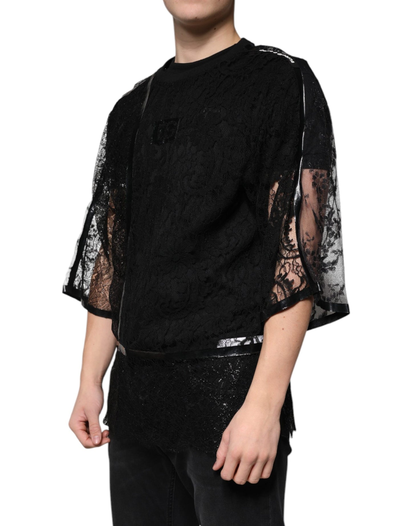 Dolce &amp; Gabbana – Schwarzes T-Shirt mit Rundhalsausschnitt aus Nylon mit Blumenspitze