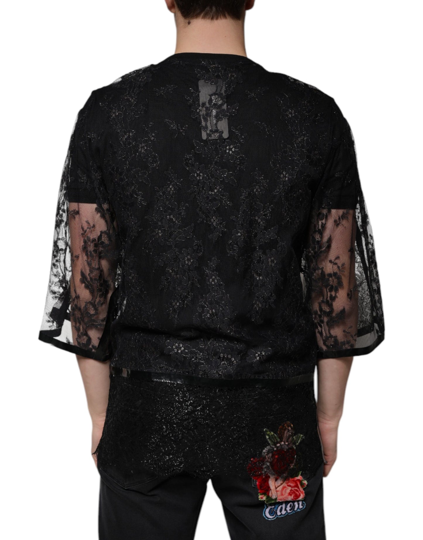 Dolce &amp; Gabbana – Schwarzes T-Shirt mit Rundhalsausschnitt aus Nylon mit Blumenspitze