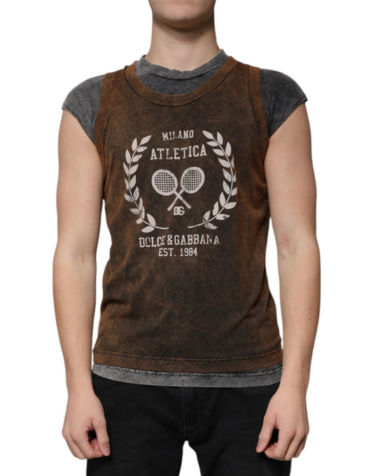 Dolce &amp; Gabbana – Ärmelloses T-Shirt aus brauner Baumwolle mit Rundhalsausschnitt