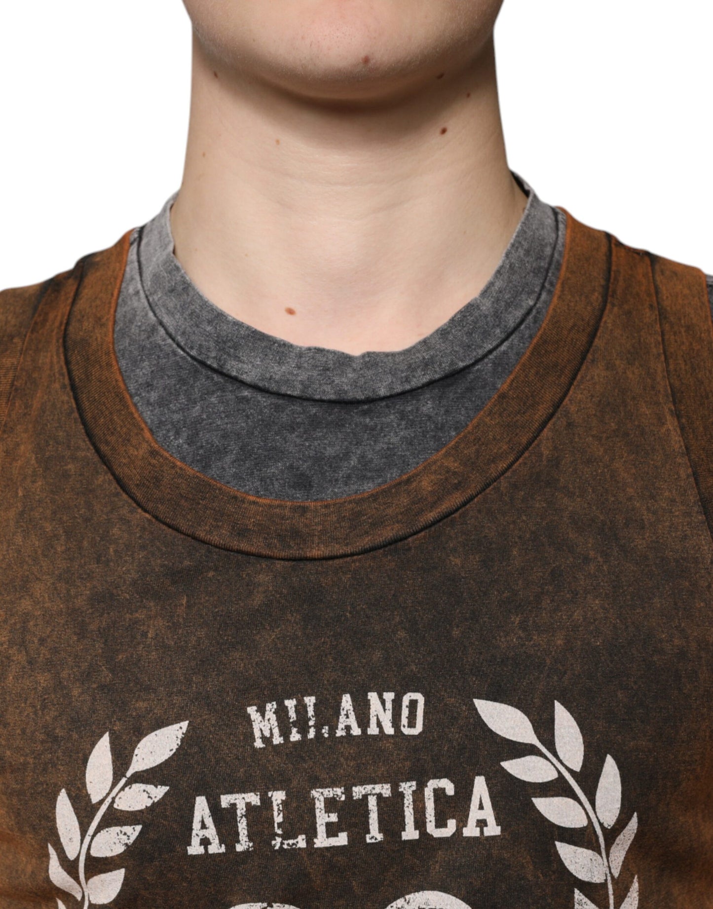 Dolce &amp; Gabbana – Ärmelloses T-Shirt aus brauner Baumwolle mit Rundhalsausschnitt