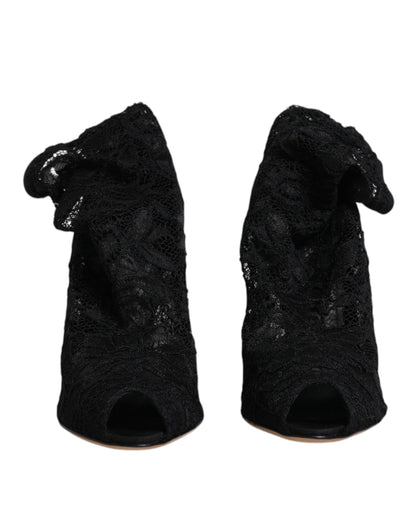 Dolce &amp; Gabbana Black Lace Stretch Heels Mid Calf Boots Shoes