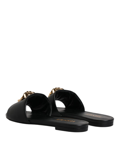 Versace – Schwarze Slipper aus Leder mit Logo-Schild