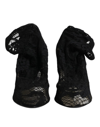Dolce &amp; Gabbana Black Lace Stretch Heels Mid Calf Boots Shoes