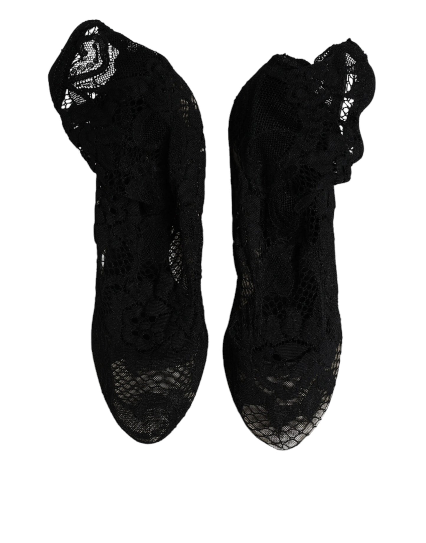 Dolce &amp; Gabbana Black Lace Stretch Heels Mid Calf Boots Shoes