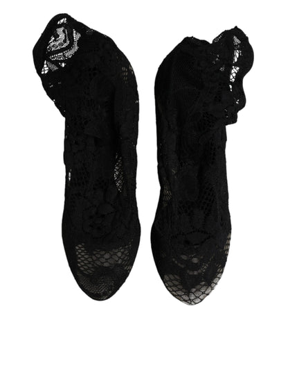 Dolce &amp; Gabbana Black Lace Stretch Heels Mid Calf Boots Shoes