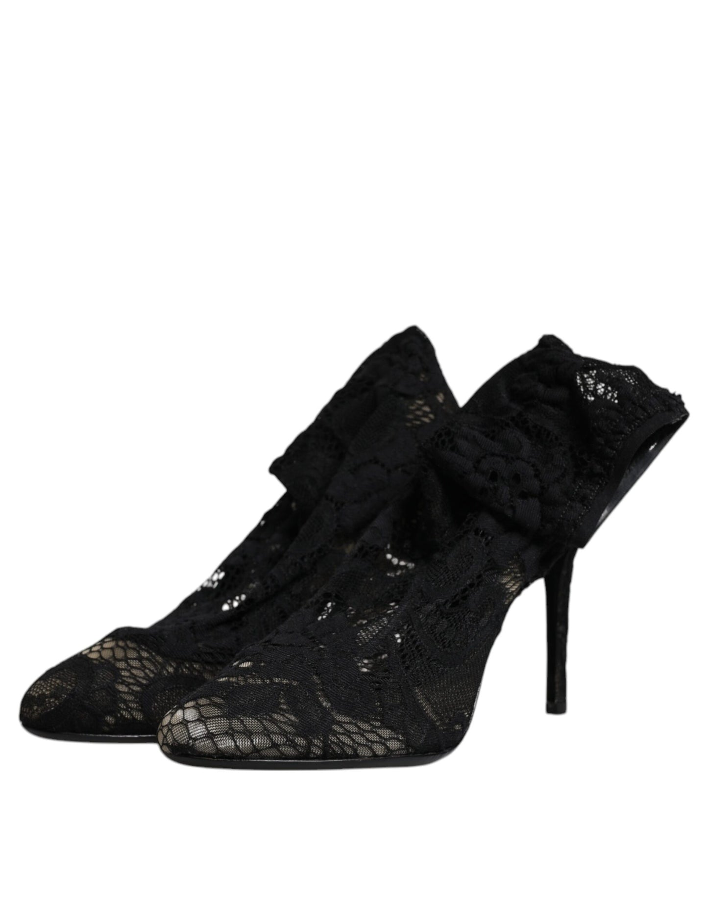 Dolce &amp; Gabbana Black Lace Stretch Heels Mid Calf Boots Shoes