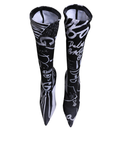 Dolce &amp; Gabbana Black Logo Stretch Heels High Boots Shoes