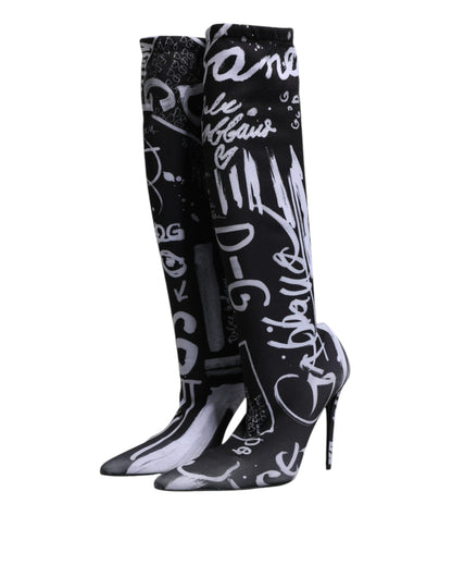 Dolce &amp; Gabbana Black Logo Stretch Heels High Boots Shoes