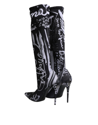 Dolce &amp; Gabbana Black Logo Stretch Heels High Boots Shoes