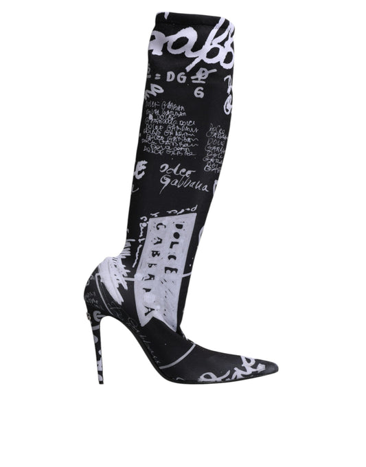 Dolce &amp; Gabbana Black Logo Stretch Heels High Boots Shoes