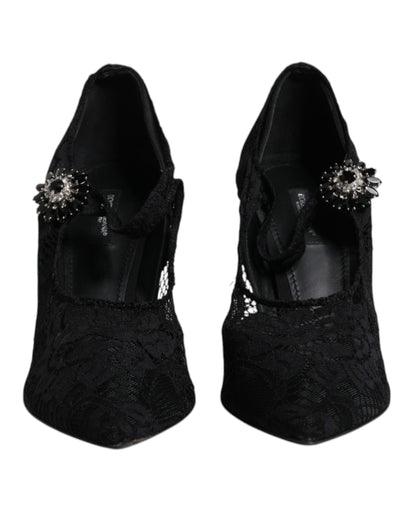 Dolce &amp; Gabbana – Mary-Jane-Pumps mit schwarzer Spitze und Kristallen