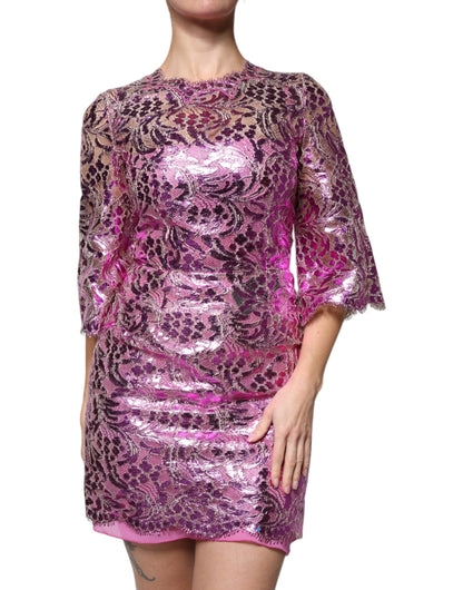 Dolce &amp; Gabbana Metallic Fuchsia Floral Sheath Mini Dress