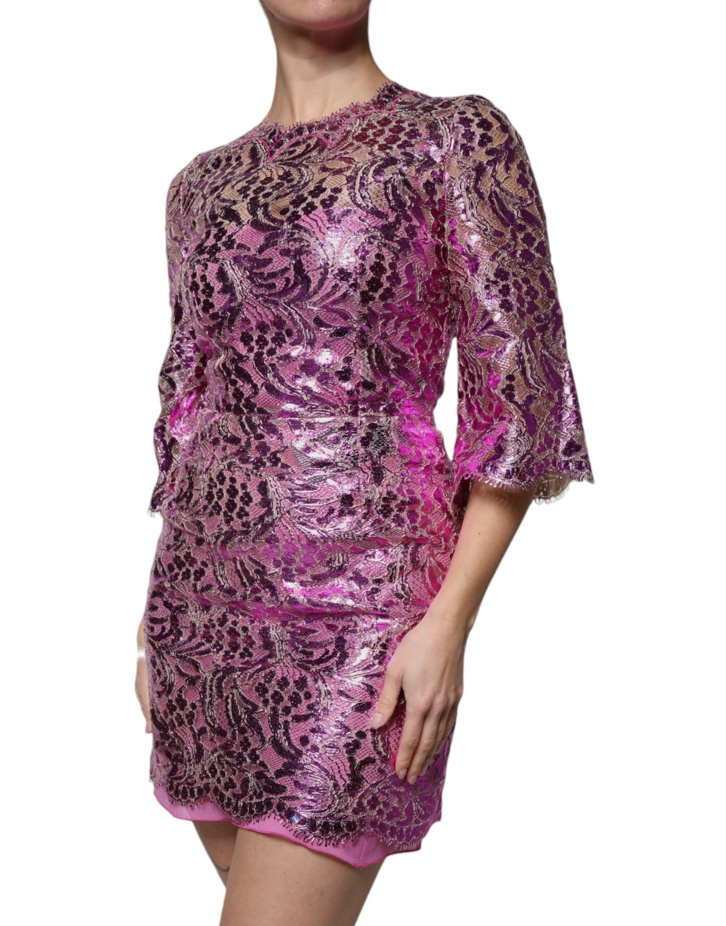 Dolce &amp; Gabbana Metallic Fuchsia Floral Sheath Mini Dress