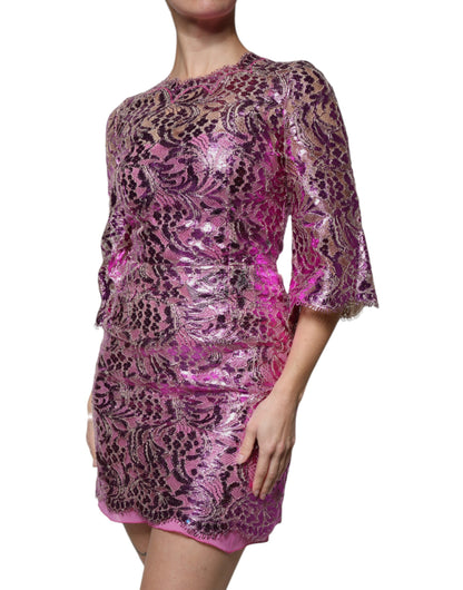 Dolce &amp; Gabbana Metallic Fuchsia Floral Sheath Mini Dress