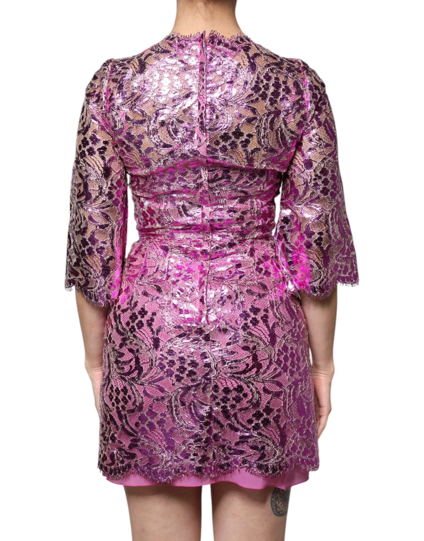 Dolce &amp; Gabbana Metallic Fuchsia Floral Sheath Mini Dress