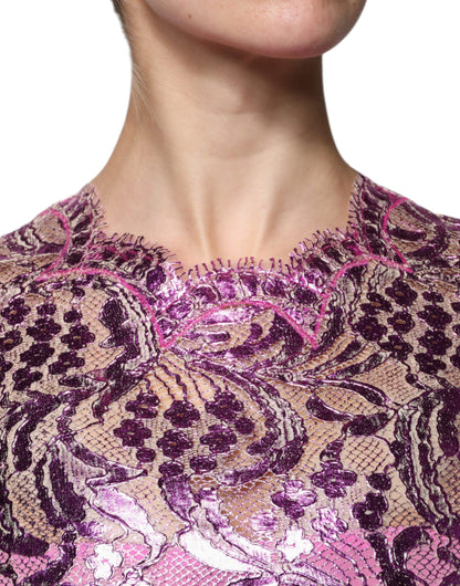 Dolce &amp; Gabbana Metallic Fuchsia Floral Sheath Mini Dress
