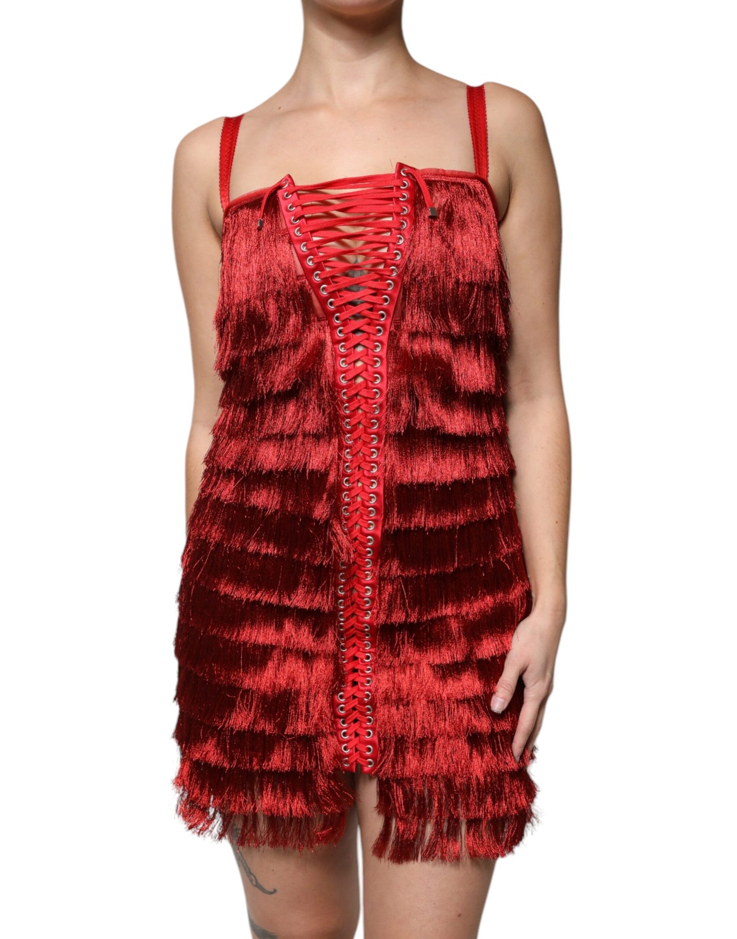 Dolce &amp; Gabbana Red Lace Tassel Sleeveless Sheath Mini Dress