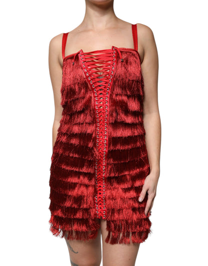 Dolce &amp; Gabbana Red Lace Tassel Sleeveless Sheath Mini Dress