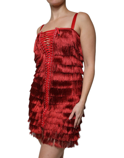 Dolce &amp; Gabbana Red Lace Tassel Sleeveless Sheath Mini Dress