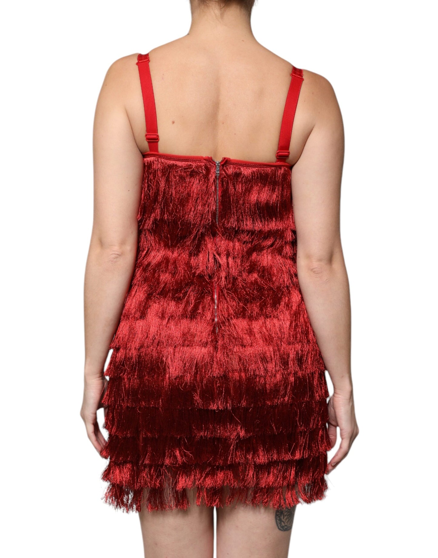 Dolce &amp; Gabbana Red Lace Tassel Sleeveless Sheath Mini Dress