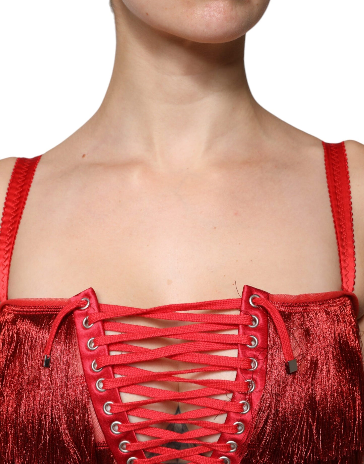 Dolce &amp; Gabbana Red Lace Tassel Sleeveless Sheath Mini Dress