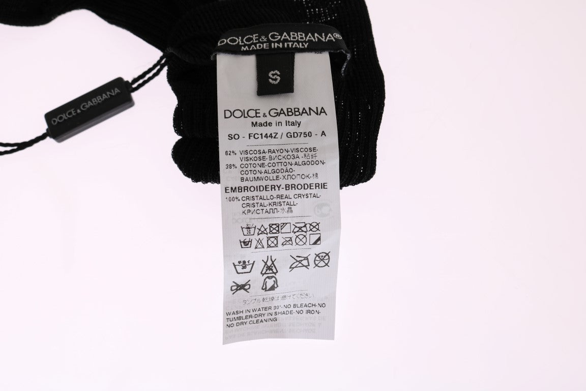 Dolce &amp; Gabbana Schwarze gestrickte Socken mit Blumenmuster und durchsichtigem Kristall