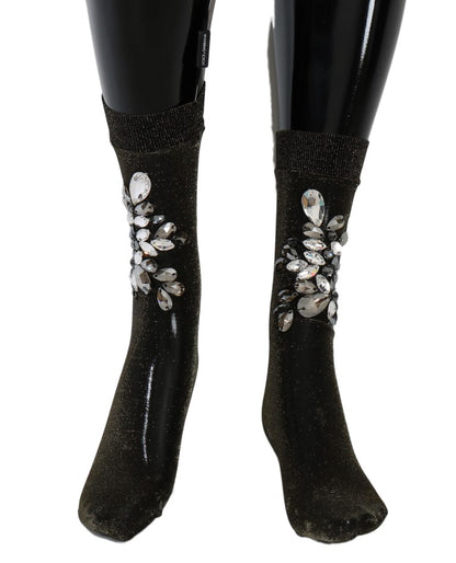 Dolce &amp; Gabbana – Schwarze Stretch-Socken mit Blumenmuster und durchsichtigem Kristall
