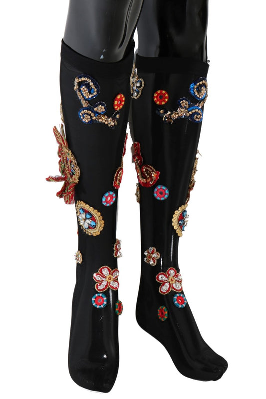 Dolce &amp; Gabbana – Schwarze Stretch-Carretto-Socken mit Kristallen