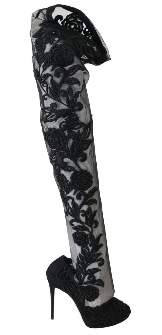 Dolce &amp; Gabbana – Schwarze Sockenstiefel mit Blumenstickerei