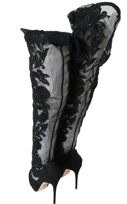 Dolce &amp; Gabbana – Schwarze Sockenstiefel mit Blumenstickerei