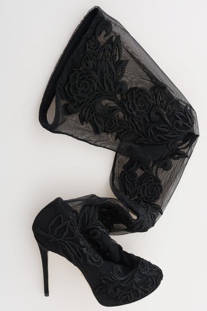Dolce &amp; Gabbana – Schwarze Sockenstiefel mit Blumenstickerei