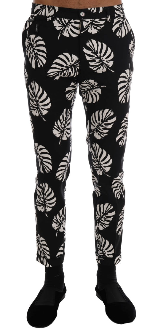 Dolce &amp; Gabbana – Schmale Hose aus Baumwollstretch in Weiß und Schwarz mit Blattmuster