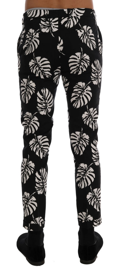 Dolce &amp; Gabbana – Schmale Hose aus Baumwollstretch in Weiß und Schwarz mit Blattmuster