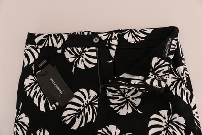 Dolce &amp; Gabbana – Schmale Hose aus Baumwollstretch in Weiß und Schwarz mit Blattmuster