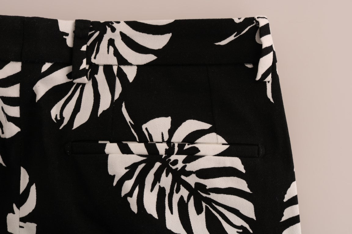Dolce &amp; Gabbana – Schmale Hose aus Baumwollstretch in Weiß und Schwarz mit Blattmuster