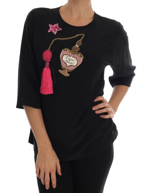 Dolce &amp; Gabbana Schwarze Seidenbluse mit Märchen-Top und Kristallen