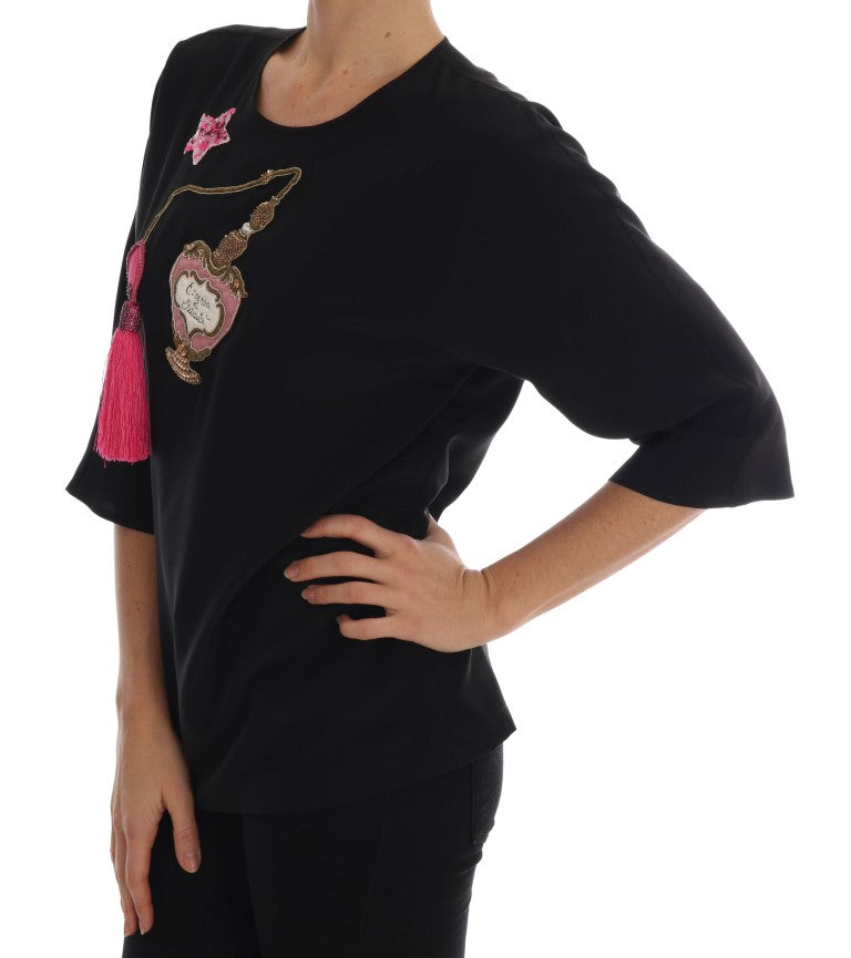 Dolce &amp; Gabbana Schwarze Seidenbluse mit Märchen-Top und Kristallen