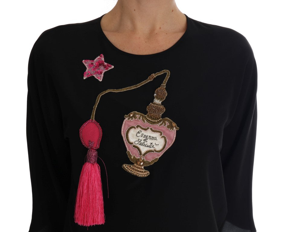 Dolce &amp; Gabbana Schwarze Seidenbluse mit Märchen-Top und Kristallen
