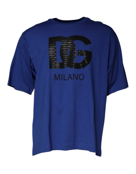 Dolce &amp; Gabbana Blue Logo Print Cotton Men Crew Neck T-shirt