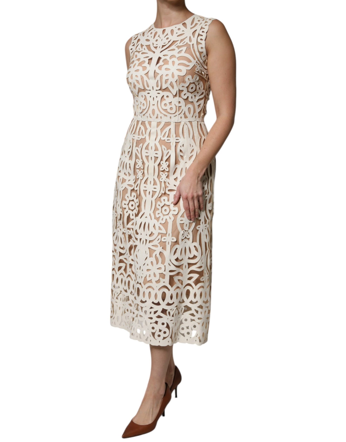 Dolce &amp; Gabbana – Ärmelloses Midikleid aus weißem Leder mit Cut-outs