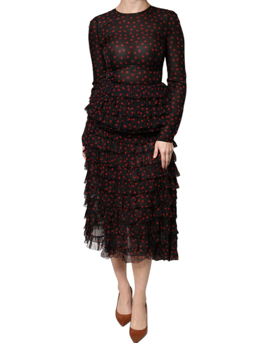 Dolce &amp; Gabbana – Midikleid aus Seide mit schwarzen und roten Punkten