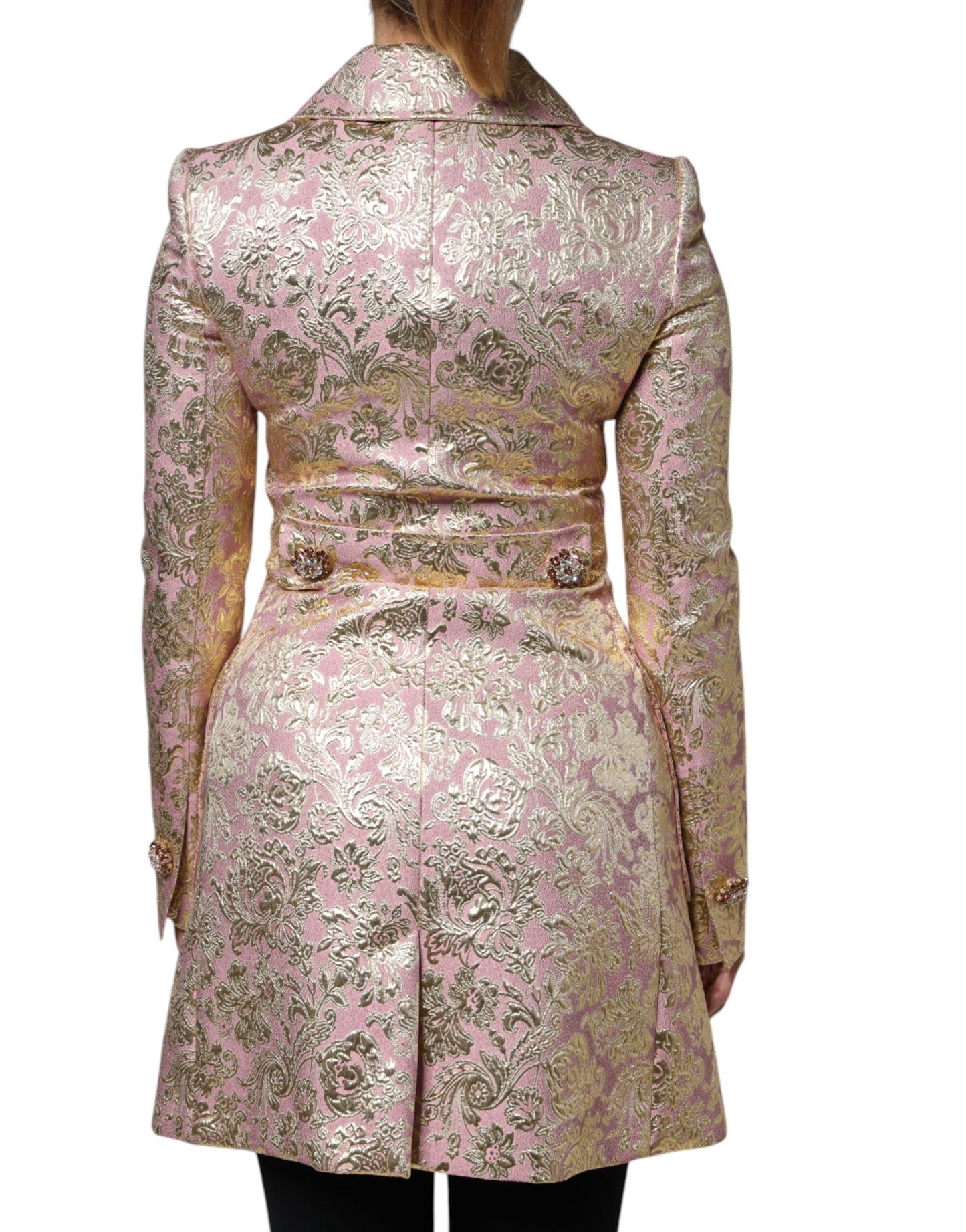 Dolce &amp; Gabbana – Manteljacke aus Jacquard mit Juwelenknöpfen in Metallic-Pinkgold