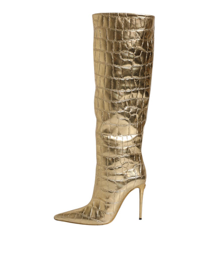 Dolce &amp; Gabbana Gold Leather Stiletto Heels High Boots Shoes