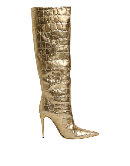 Dolce &amp; Gabbana Gold Leather Stiletto Heels High Boots Shoes