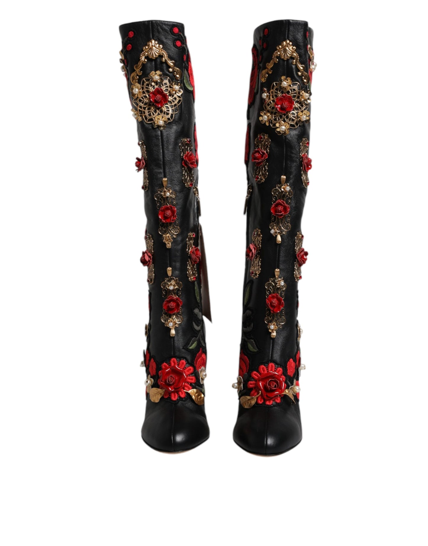 Dolce &amp; Gabbana Black Roses Embellished Leather Heel Boots Shoes