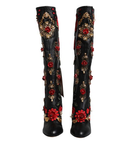 Dolce &amp; Gabbana Black Roses Embellished Leather Heel Boots Shoes