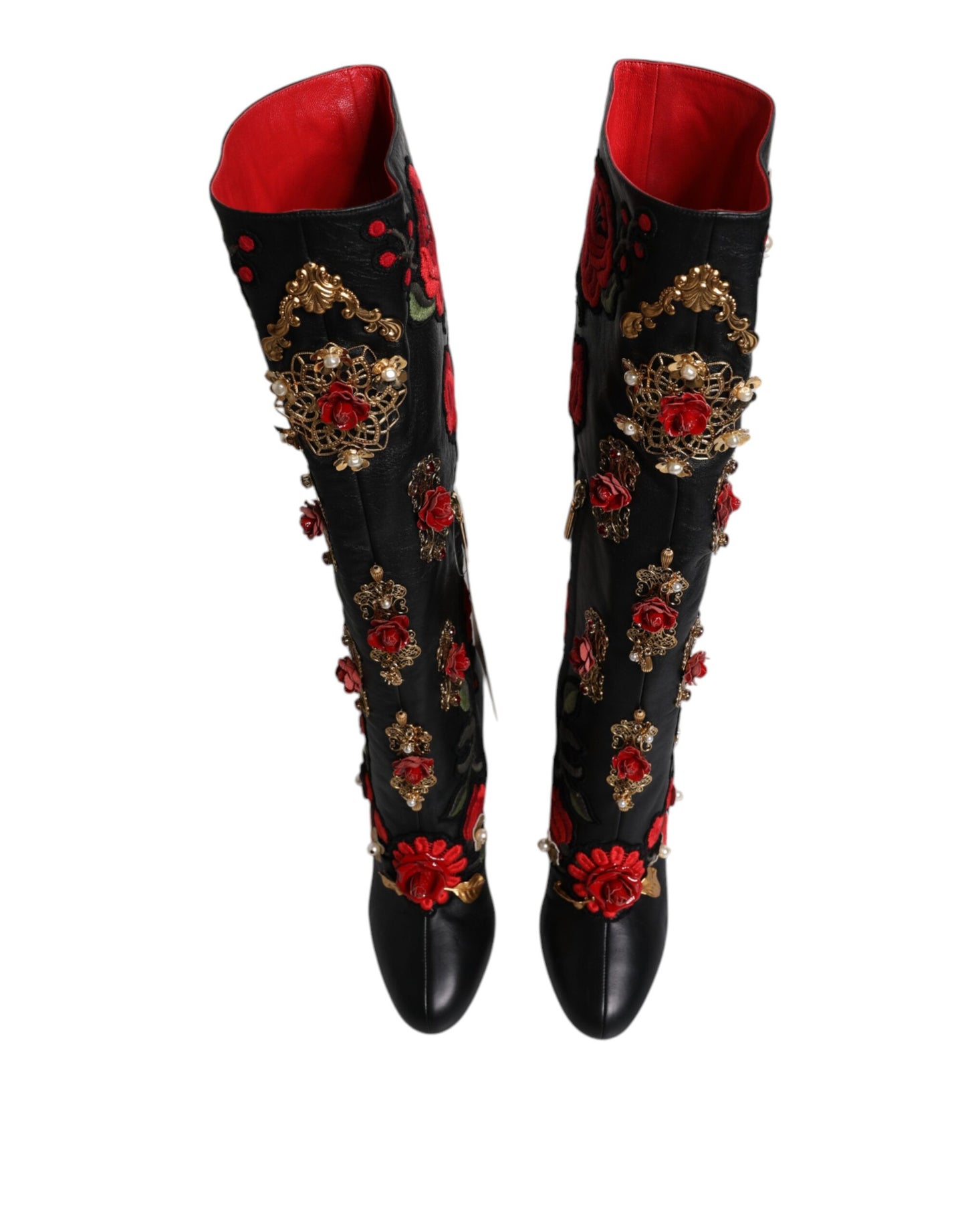 Dolce &amp; Gabbana Black Roses Embellished Leather Heel Boots Shoes