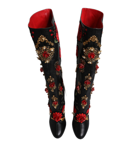 Dolce &amp; Gabbana Black Roses Embellished Leather Heel Boots Shoes