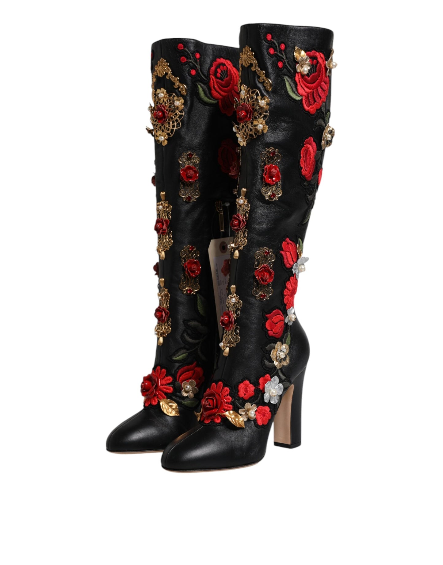 Dolce &amp; Gabbana Black Roses Embellished Leather Heel Boots Shoes